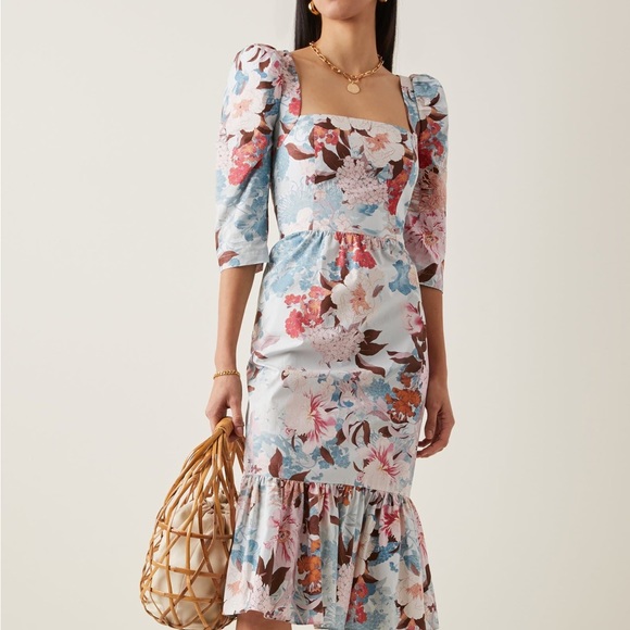 NWT Cara Cara Busy Puff-Sleeve Midi-Dress Japanese Floral blue - Picture 8 of 11